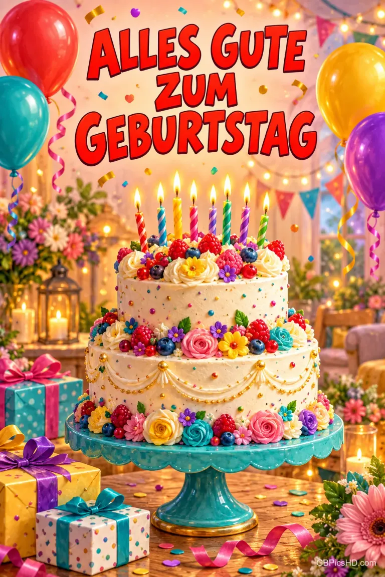Eine zweistöckige Geburtstagstorte mit Kerzen, Blumen und Beeren zwischen Ballons und Geschenken mit "Alles Gute zum Geburtstag".