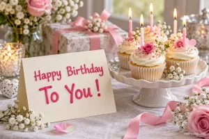 Eine Karte mit "Happy Birthday To You!" steht neben Cupcakes mit brennenden Kerzen, rosa Rosen und einem Geschenk.