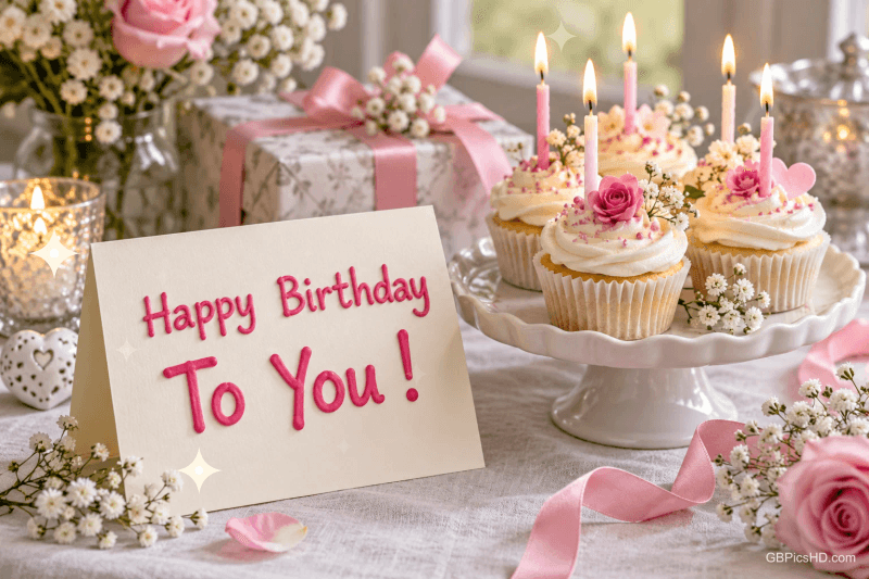 Eine Karte mit "Happy Birthday To You!" steht neben Cupcakes mit brennenden Kerzen, rosa Rosen und einem Geschenk.