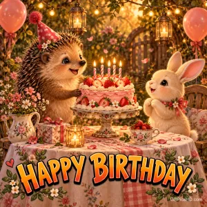 Ein Igel mit Partyhut und ein Kaninchen sitzen an einer Erdbeertorte mit brennenden Kerzen; darunter steht "Happy Birthday".