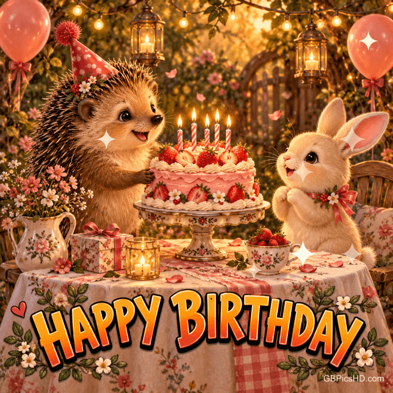 Ein Igel mit Partyhut und ein Kaninchen sitzen an einer Erdbeertorte mit brennenden Kerzen; darunter steht "Happy Birthday".