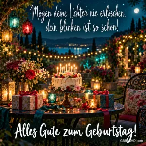 Torte und Laternen im Garten mit "Mögen deine Lichter nie erlöschen, dein Blinken ist so schön! Alles Gute zum Geburtstag!".