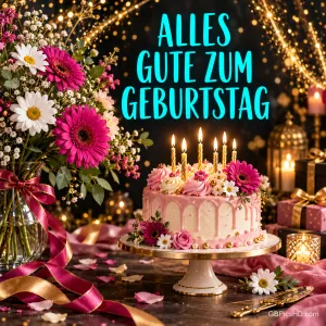 Eine rosa Geburtstagstorte mit brennenden Kerzen steht neben pinken und weißen Blumen unter "Alles Gute zum Geburtstag".
