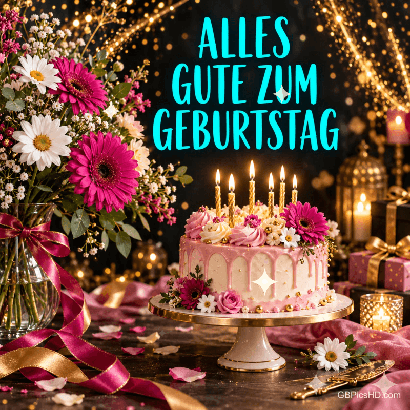Eine rosa Geburtstagstorte mit brennenden Kerzen steht neben pinken und weißen Blumen unter "Alles Gute zum Geburtstag".