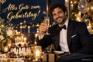 Ein lächelnder Mann im Smoking hebt sein Glas zum Geburtstagsgruß "Alles Gute zum Geburtstag!".