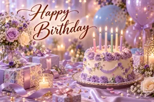 Eine Torte mit violetten Rosen und brennenden Kerzen steht zwischen Geschenken, Blumen und Ballons unter "Happy Birthday".