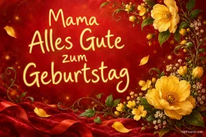 Auf rotem Hintergrund steht "Mama Alles Gute zum Geburtstag", links rahmen gelbe Blüten und grüne Ranken den Gruß ein.
