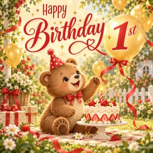Ein Teddybär mit Partyhut sitzt neben einer Erdbeertorte und einem goldenen Ballon mit "Happy Birthday 1st".