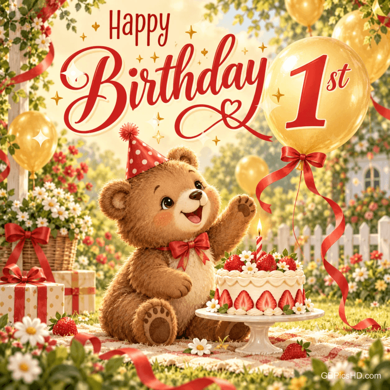 Ein Teddybär mit Partyhut sitzt neben einer Erdbeertorte und einem goldenen Ballon mit "Happy Birthday 1st".