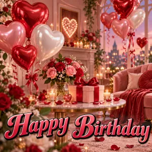 Rote, rosa und weiße Herzballons sind mit einer roten Schleife über dem Schriftzug "Happy Birthday" gebündelt.