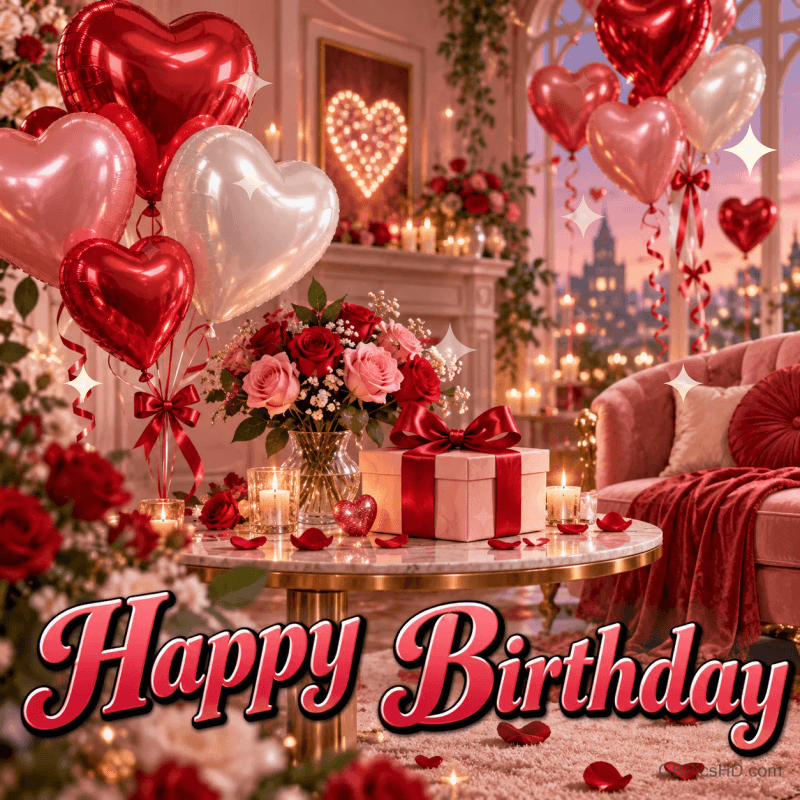 Rote, rosa und weiße Herzballons sind mit einer roten Schleife über dem Schriftzug "Happy Birthday" gebündelt.