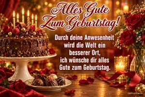 Torte und Rosen mit "Alles Gute zum Geburtstag! Durch deine Anwesenheit wird die Welt ein besserer Ort, ich wünsche dir alles Gute zum Geburtstag."