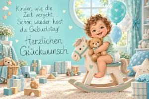 Eine Comicfigur mit Windel und Teddy neben "Kinder, wie die Zeit vergeht.... Schon wieder hast du Geburtstag! Herzlichen Glückwunsch".