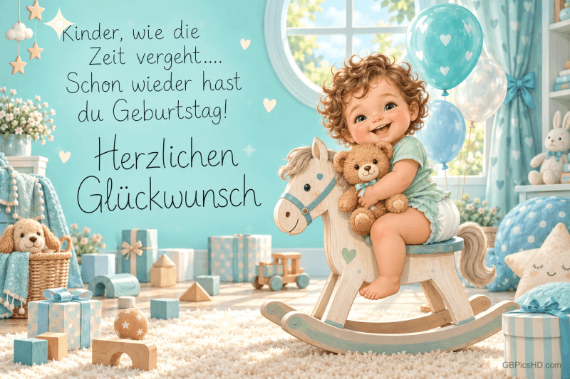 Eine Comicfigur mit Windel und Teddy neben "Kinder, wie die Zeit vergeht.... Schon wieder hast du Geburtstag! Herzlichen Glückwunsch".