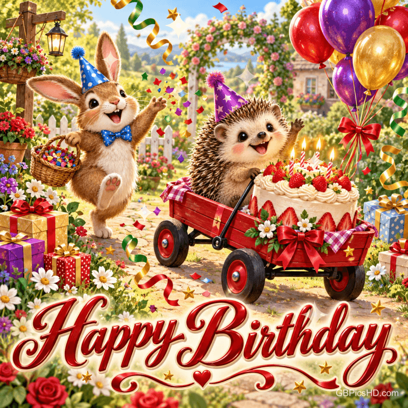 Ein Hase und ein Igel mit Partyhüten feiern mit einer Torte im roten Wagen, Ballons und Konfetti unter "Happy Birthday".