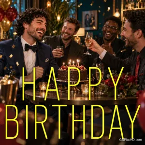 Ein Mann im Anzug mit Fliege steht zwischen feiernden Männern hinter dem großen gelben Schriftzug "HAPPY BIRTHDAY".