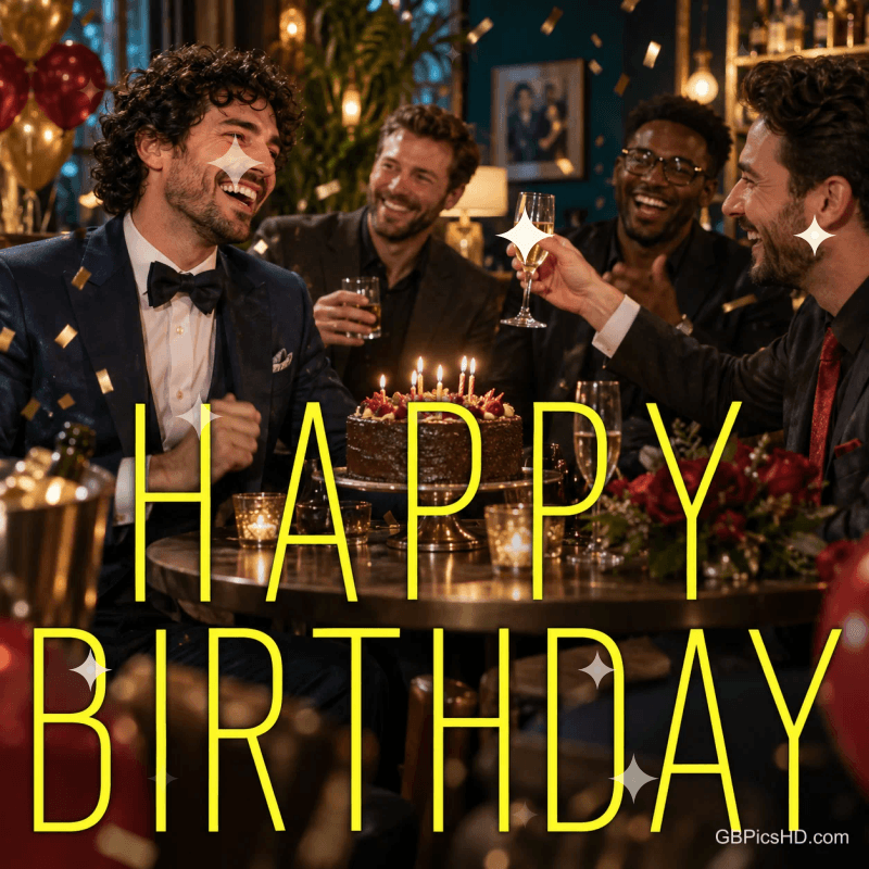 Ein Mann im Anzug mit Fliege steht zwischen feiernden Männern hinter dem großen gelben Schriftzug "HAPPY BIRTHDAY".