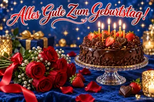 Eine Schokoladentorte mit brennenden Kerzen, rote Rosen und Geschenke auf blauem Stoff unter "Alles Gute zum Geburtstag!".