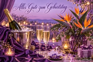 Strelitzien, eine Sektflasche und zwei gefüllte Gläser stehen vor violettem Hintergrund unter "Alles Gute zum Geburtstag".