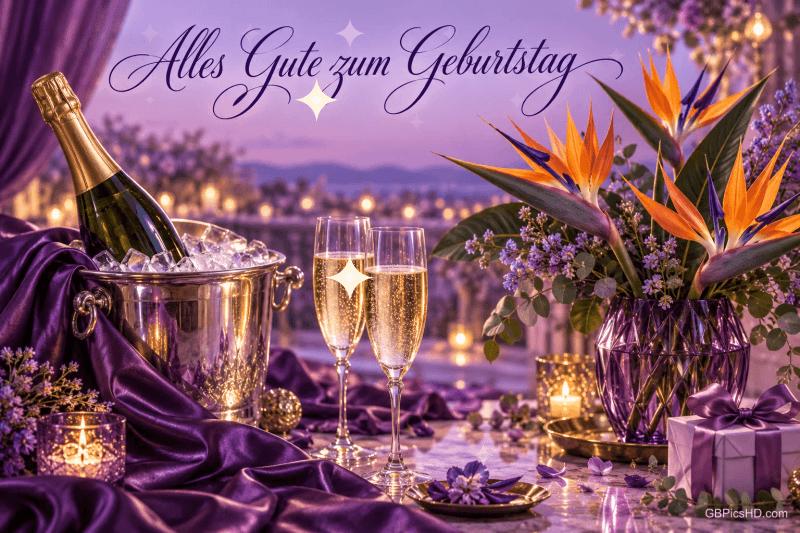 Strelitzien, eine Sektflasche und zwei gefüllte Gläser stehen vor violettem Hintergrund unter "Alles Gute zum Geburtstag".