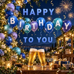 Blaue Geburtstagsballons, Feuerwerk, zwei Biergläser und Geschenke mit "HAPPY BIRTHDAY TO YOU".