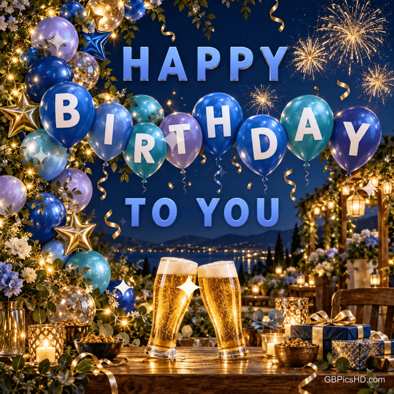 Blaue Geburtstagsballons, Feuerwerk, zwei Biergläser und Geschenke mit "HAPPY BIRTHDAY TO YOU".