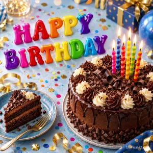 Schokoladentorte mit bunten Kerzen, ein Kuchenstück und bunte Buchstaben mit "HAPPY BIRTHDAY".