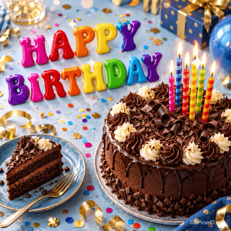 Schokoladentorte mit bunten Kerzen, ein Kuchenstück und bunte Buchstaben mit "HAPPY BIRTHDAY".