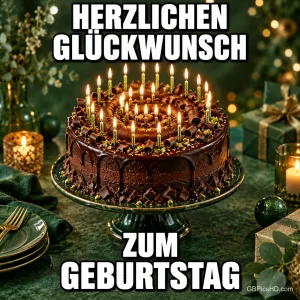 Schokoladentorte mit vielen Kerzen, grüne Geschenke und "HERZLICHEN GLÜCKWUNSCH ZUM GEBURTSTAG".