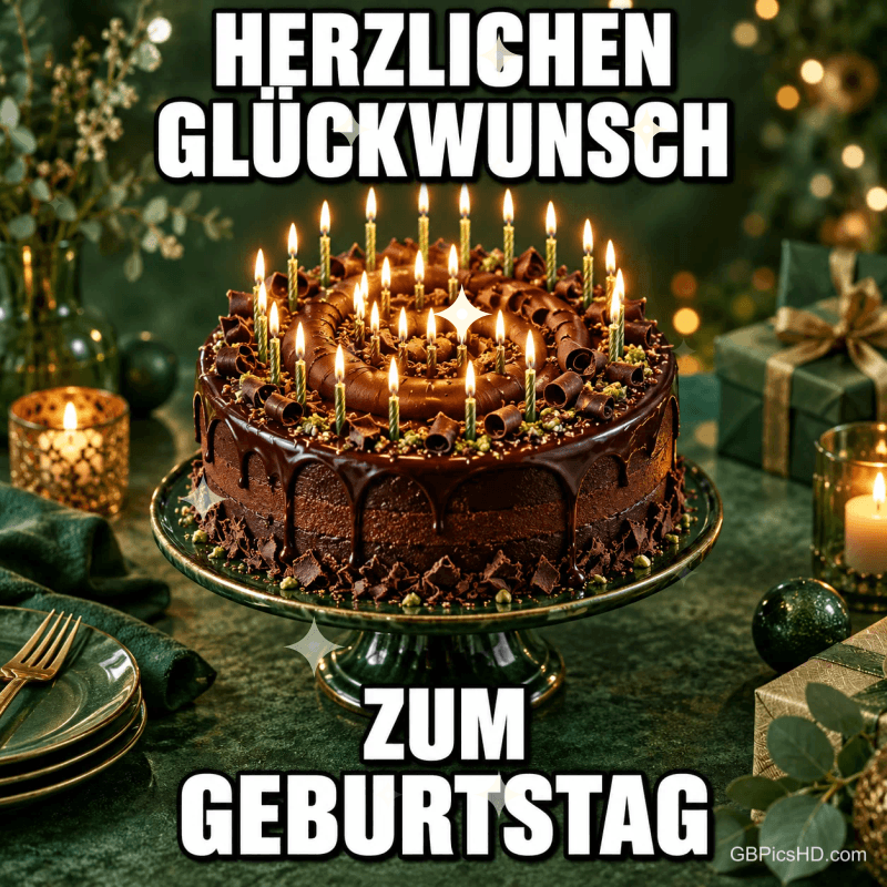 Schokoladentorte mit vielen Kerzen, grüne Geschenke und "HERZLICHEN GLÜCKWUNSCH ZUM GEBURTSTAG". Schokoladentorte mit vielen Kerzen, grüne Geschenke und "HERZLICHEN GLÜCKWUNSCH ZUM GEBURTSTAG".