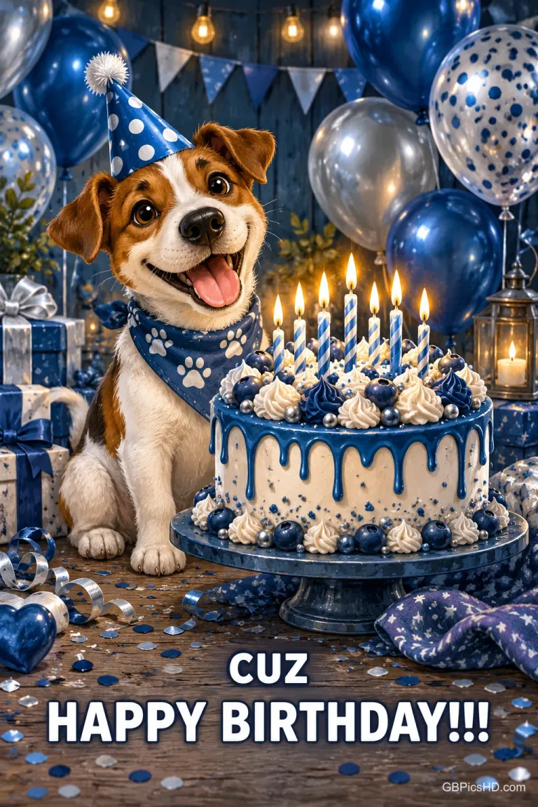 Ein Hund mit Partyhut sitzt neben einer Torte mit Kerzen und blauen Ballons: "CUZ HAPPY BIRTHDAY!!!".