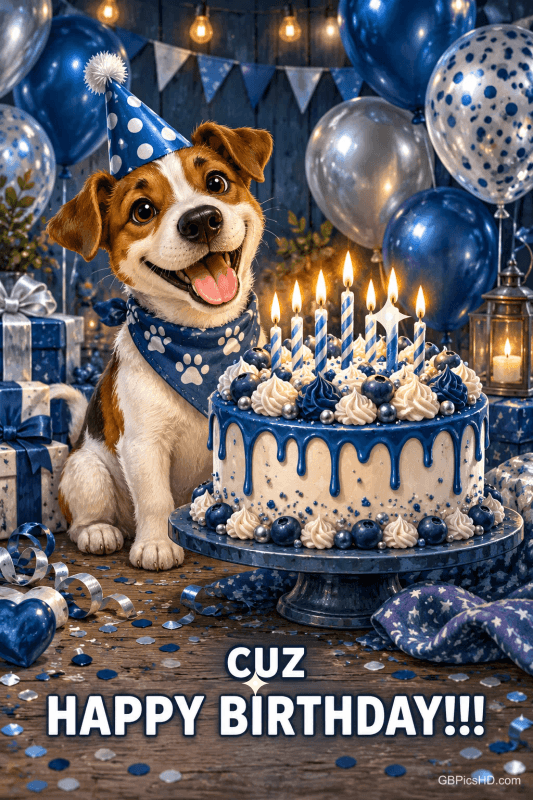 Ein Hund mit Partyhut sitzt neben einer Torte mit Kerzen und blauen Ballons: "CUZ HAPPY BIRTHDAY!!!".