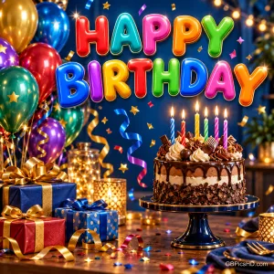 Bunte Ballons, Geschenke und eine Schokoladentorte mit brennenden Kerzen unter dem Schriftzug "HAPPY BIRTHDAY".