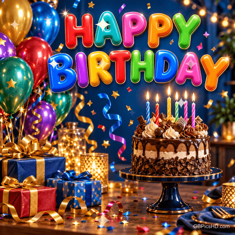 Bunte Ballons, Geschenke und eine Schokoladentorte mit brennenden Kerzen unter dem Schriftzug "HAPPY BIRTHDAY".