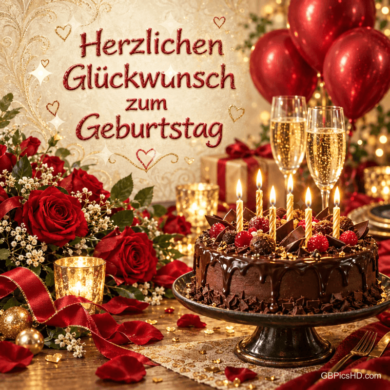 Rote Rosen, Ballons, Sektgläser und eine Schokoladentorte mit Kerzen neben "Herzlichen Glückwunsch zum Geburtstag".