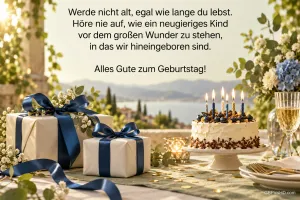 Geschenke mit blauen Schleifen und eine Geburtstagstorte vor einem See unter "Alles Gute zum Geburtstag!".
