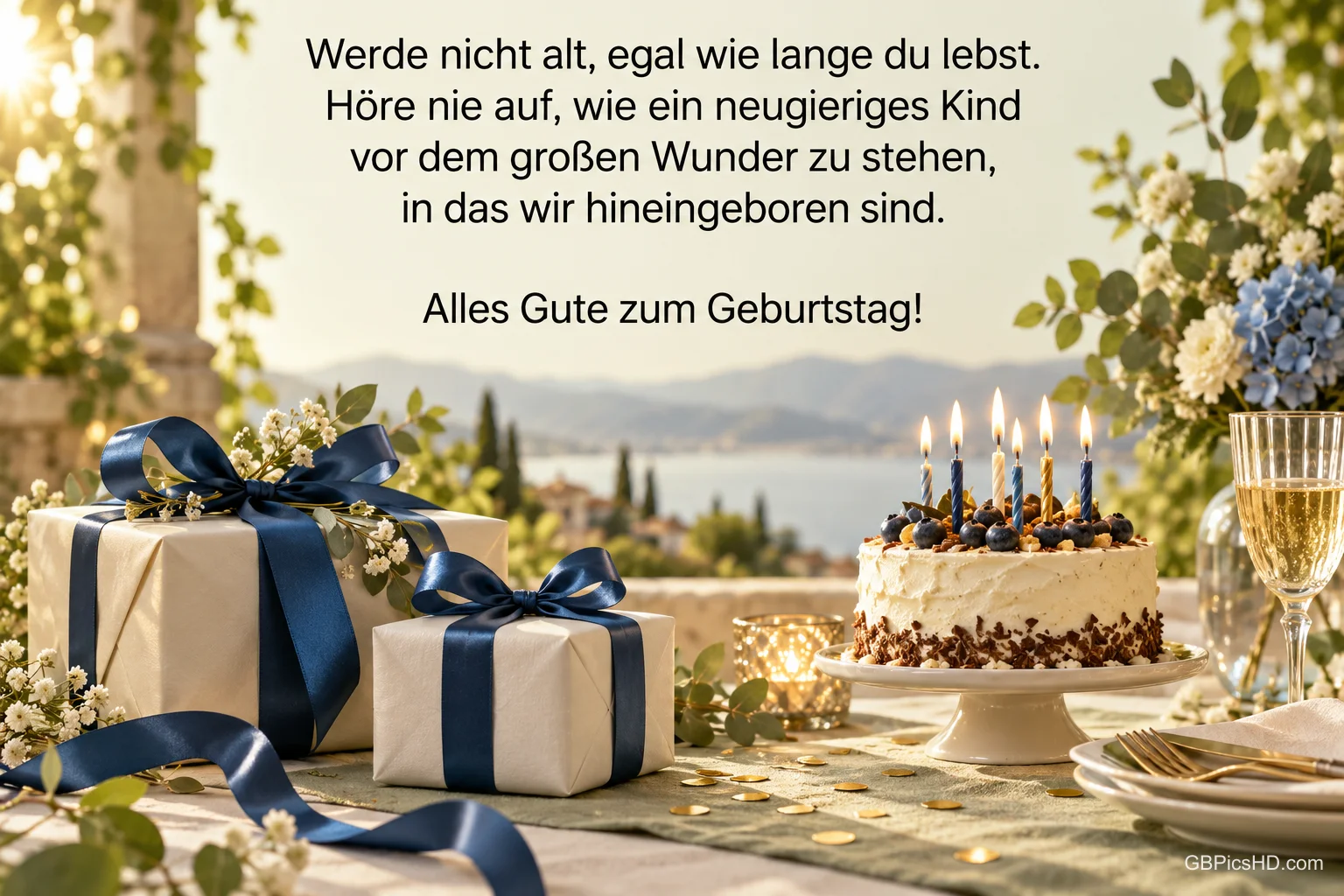 Geschenke mit blauen Schleifen und eine Geburtstagstorte vor einem See unter "Alles Gute zum Geburtstag!". Geschenke mit blauen Schleifen und eine Geburtstagstorte vor einem See unter "Alles Gute zum Geburtstag!".