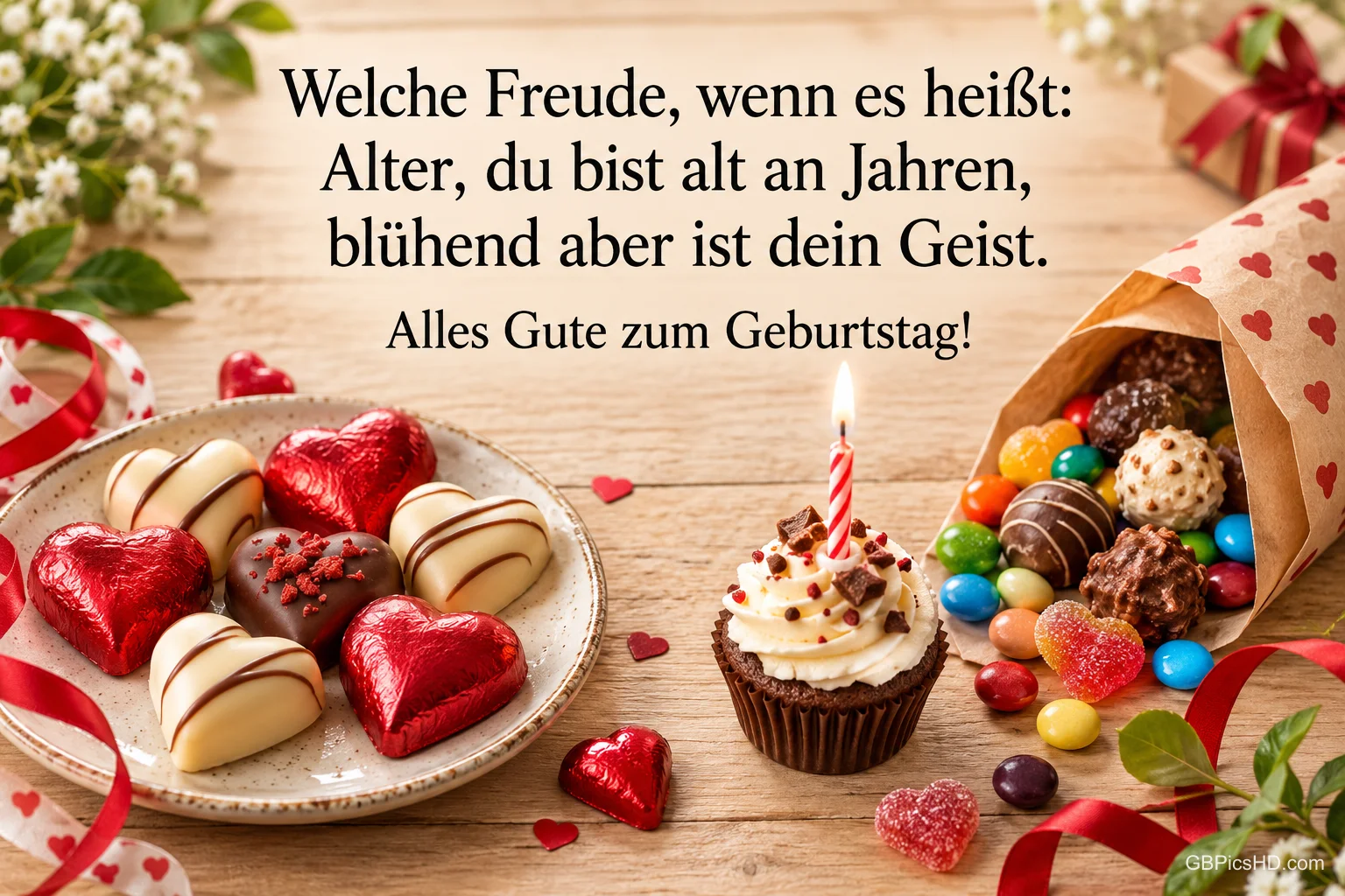 Herzpralinen, bunte Süßigkeiten und ein kleiner Kuchen mit einer Kerze unter "Alles Gute zum Geburtstag!". Herzpralinen, bunte Süßigkeiten und ein kleiner Kuchen mit einer Kerze unter "Alles Gute zum Geburtstag!".