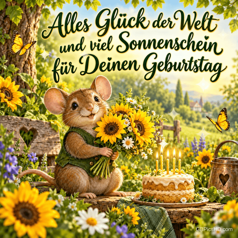 Eine Maus hält Sonnenblumen neben einer Torte: "Alles Glück der Welt und viel Sonnenschein für Deinen Geburtstag". Eine Maus hält Sonnenblumen neben einer Torte: "Alles Glück der Welt und viel Sonnenschein für Deinen Geburtstag".