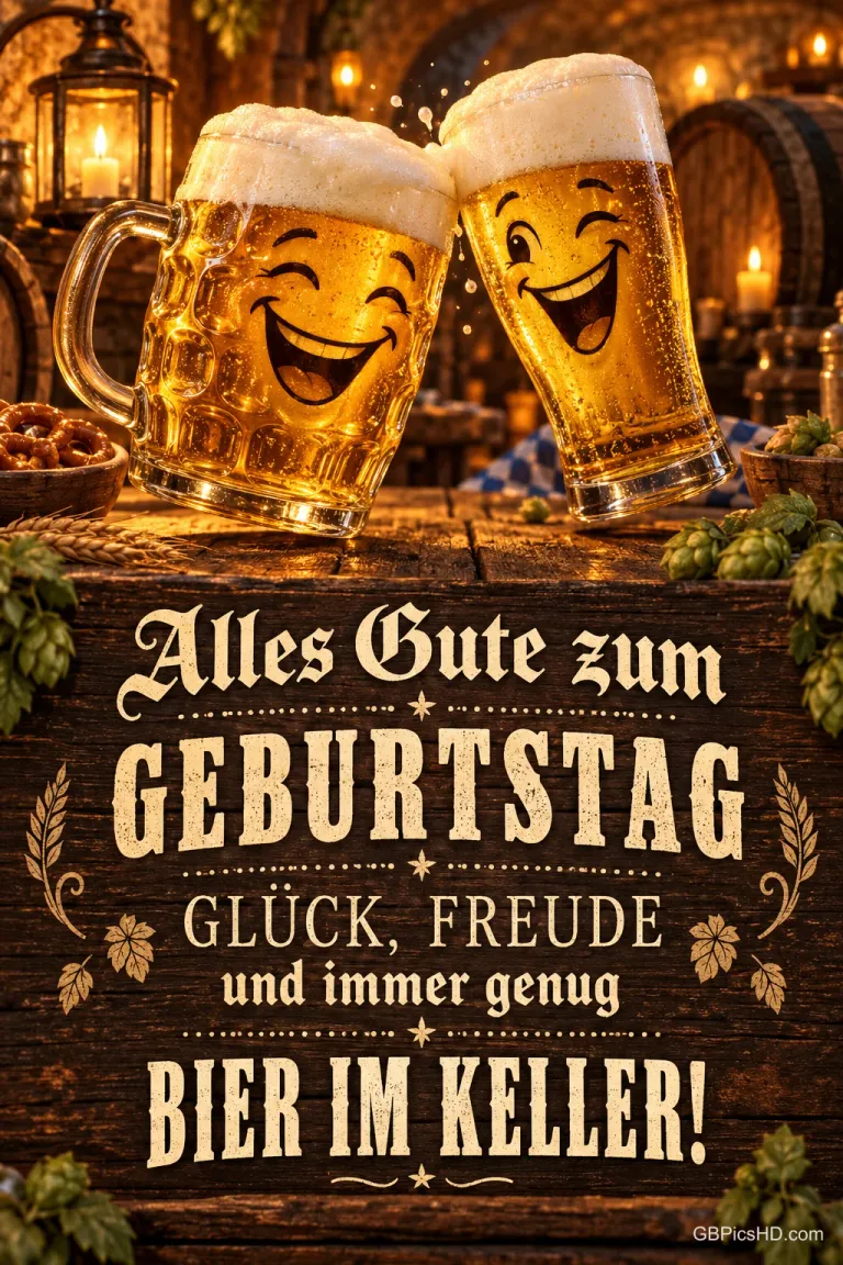 Zwei lachende Bierkrüge über "Alles Gute zum GEBURTSTAG GLÜCK, FREUDE und immer genug BIER IM KELLER!" auf Holz.