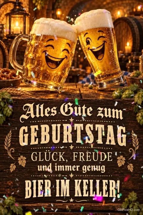 Zwei lachende Bierkrüge über "Alles Gute zum GEBURTSTAG GLÜCK, FREUDE und immer genug BIER IM KELLER!" auf Holz. Zwei lachende Bierkrüge über "Alles Gute zum GEBURTSTAG GLÜCK, FREUDE und immer genug BIER IM KELLER!" auf Holz.