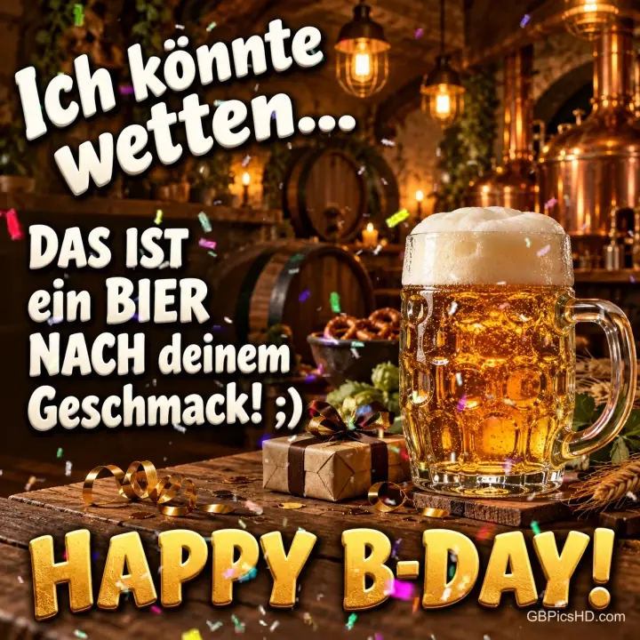 Ein Bierkrug und ein Geschenk im Brauhaus mit "Ich könnte wetten... DAS IST ein BIER NACH deinem Geschmack! ;) HAPPY B-DAY!".