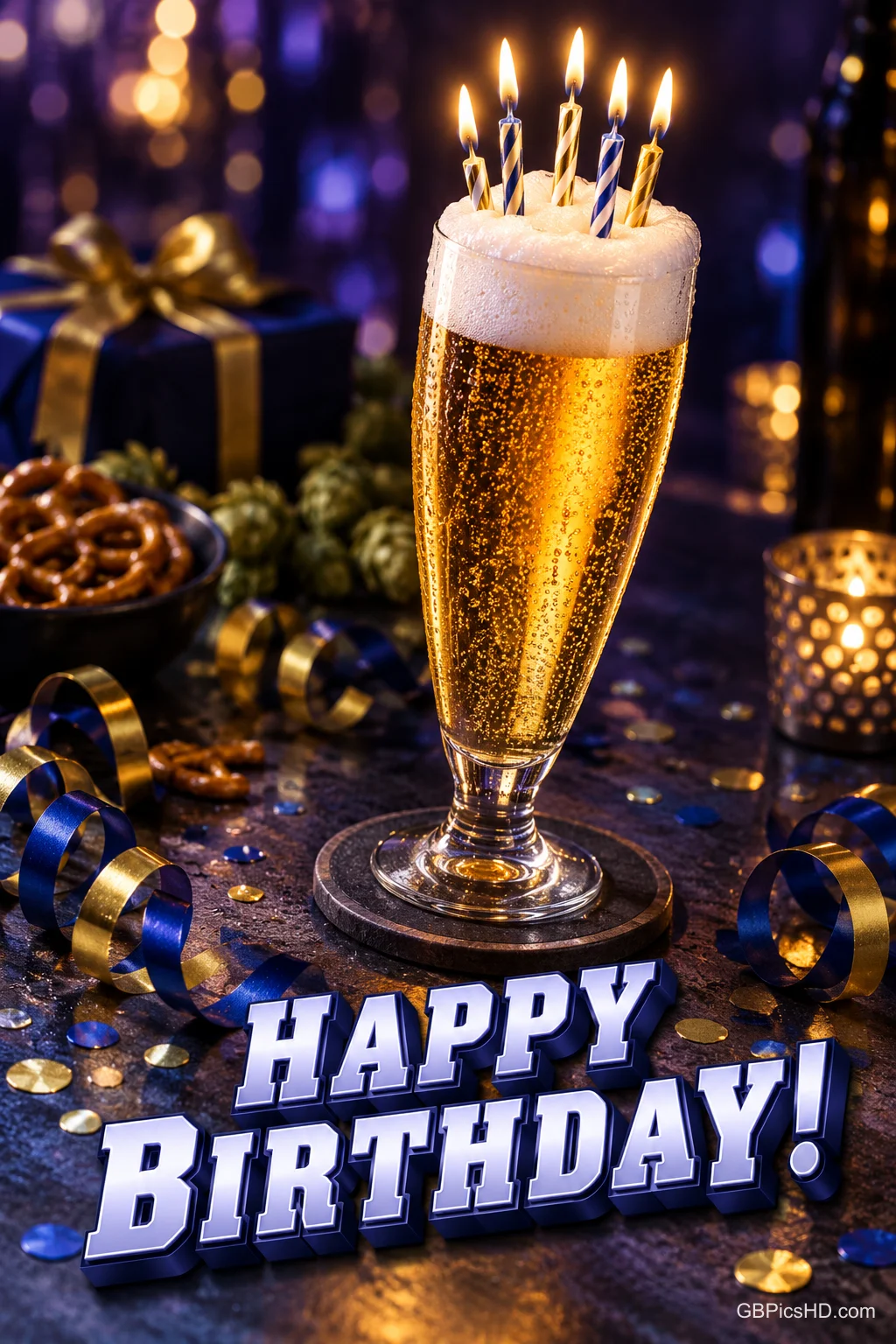 Ein hohes Bierglas mit brennenden Kerzen steht zwischen Luftschlangen und Konfetti über "HAPPY BIRTHDAY!".