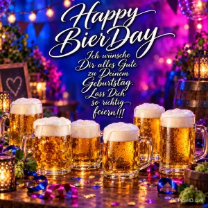 Sechs Bierkrüge mit "Happy BierDay Ich wünsche Dir alles Gute zu Deinem Geburtstag. Lass Dich so richtig feiern!!!".