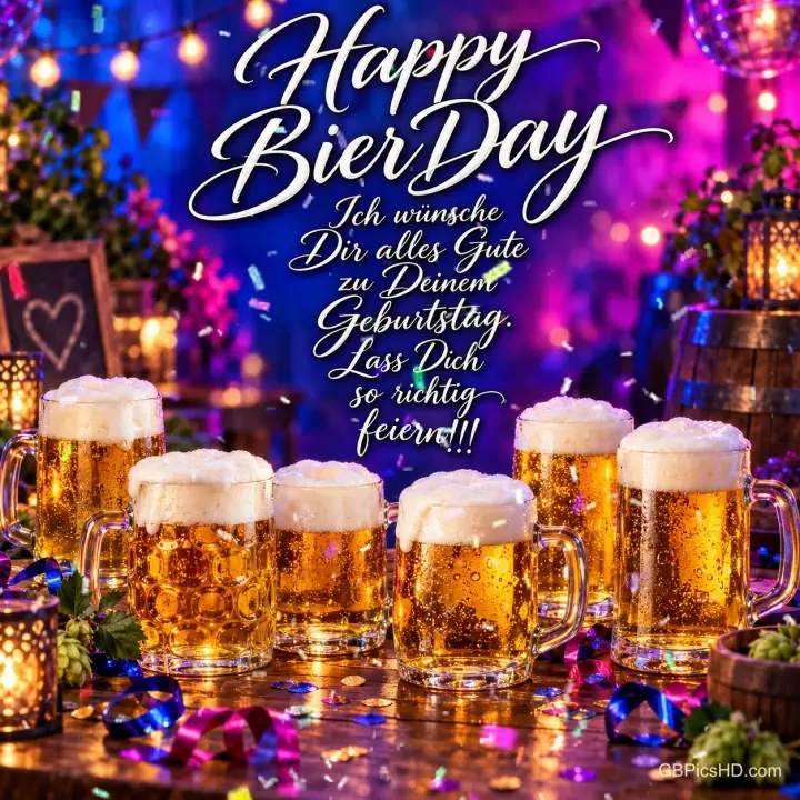 Sechs Bierkrüge mit "Happy BierDay Ich wünsche Dir alles Gute zu Deinem Geburtstag. Lass Dich so richtig feiern!!!". Sechs Bierkrüge mit "Happy BierDay Ich wünsche Dir alles Gute zu Deinem Geburtstag. Lass Dich so richtig feiern!!!".