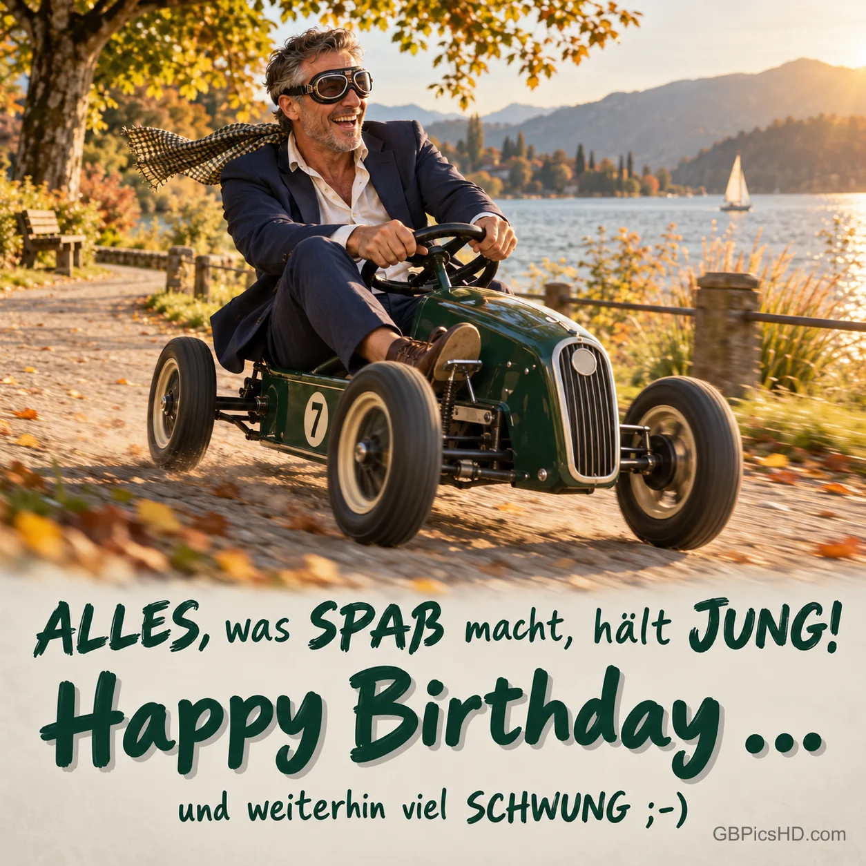 Ein Mann fährt am See ein kleines Rennauto: "ALLES, was Spaß macht, hält JUNG! Happy Birthday ... und weiterhin viel SCHWUNG ;-)".
