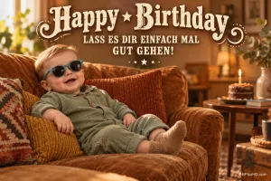 Ein Kleinkind mit Sonnenbrille entspannt auf einem Sofa: "Happy Birthday LASS ES DIR EINFACH MAL GUT GEHEN!".