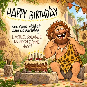 Ein Höhlenmensch grinst neben einer Torte: "HAPPY BIRTHDAY Eine kleine Weisheit zum Geburtstag: LÄCHLE, SOLANGE DU NOCH ZÄHNE HAST!".