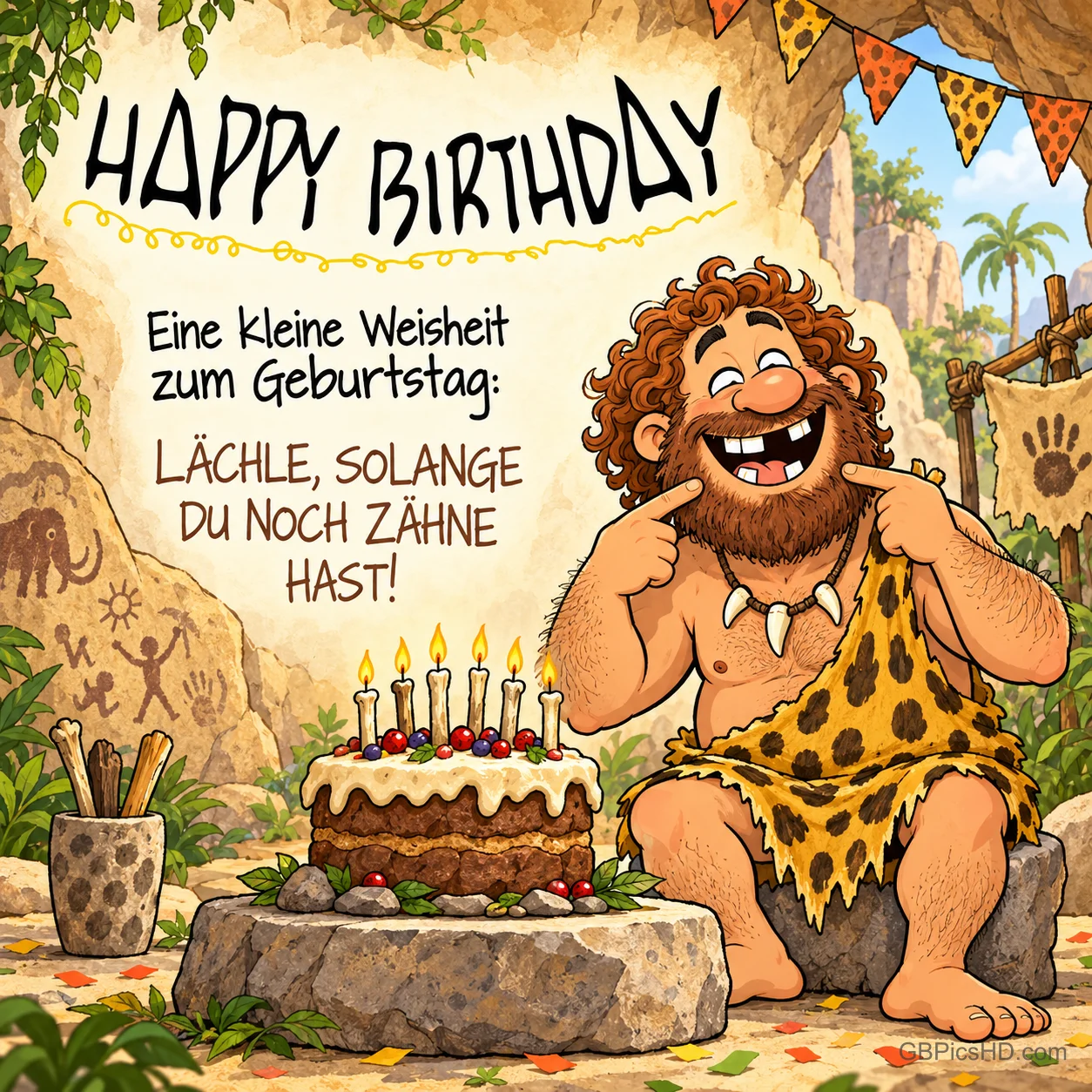 Ein Höhlenmensch grinst neben einer Torte: "HAPPY BIRTHDAY Eine kleine Weisheit zum Geburtstag: LÄCHLE, SOLANGE DU NOCH ZÄHNE HAST!". Ein Höhlenmensch grinst neben einer Torte: "HAPPY BIRTHDAY Eine kleine Weisheit zum Geburtstag: LÄCHLE, SOLANGE DU NOCH ZÄHNE HAST!".