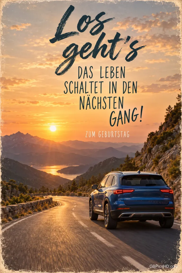 Ein blaues Auto fährt auf einer Bergstraße im Sonnenuntergang: "Los geht's Das Leben schaltet in den nächsten Gang! Zum Geburtstag".